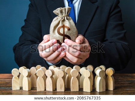 Businessman holds out a dollar money bag to the crowd. Official. Providing money, paying salaries and grants. Staff maintenance. Financial support. Tax collection. Compensation payments. Share profit.