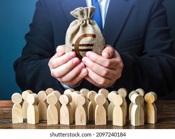 Businessman holds out a euro money bag to the crowd. Official. Staff maintenance. Financial support. Tax collection. Compensation payments. Share profit. Providing money, paying salaries and grants.