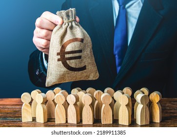 Businessman holds out a euro money bag to the crowd. Compensation payments. Official. Staff maintenance. Financial support. Tax collection. Providing money, paying salaries and grants.