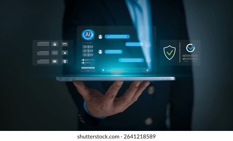 A businessman holds a tablet displaying a virtual AI chatbot interface with secure login icons, data protection symbols, futuristic technology for cybersecurity, digital identity, and smart automation - Powered by Shutterstock - Get 15% off with code: PIKWIZARD15