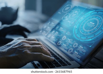 Businessman with holographic collage photo