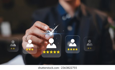 A Businessman or Human resources HR is searching for a right person for a job position. Concept of hiring, selection, interview, recruitment, soft skill and hard skill. Company employee match. - Powered by Shutterstock