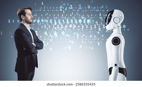 Businessman and humanoid robot standing face to face with binary code between them on a futuristic background, symbolizing AI and human interaction