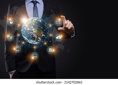 Businessman Icon Network Connection Data With Growth Graph Customer, Digital Marketing, Banking And Payment Online, Analysis And Planning Of Business.Financial Banking. Technology Digital Marketing