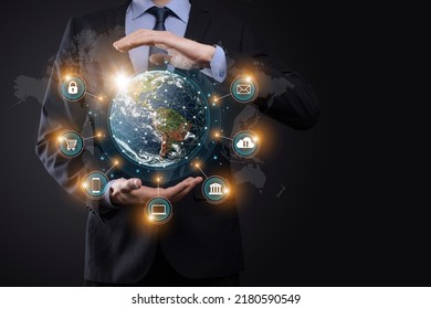 Businessman Icon Network Connection Data With Growth Graph Customer, Digital Marketing, Banking And Payment Online, Analysis And Planning Of Business.Financial Banking. Technology Digital Marketing