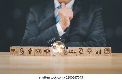 Businessman Idea Tube On Wooden Block Icon Showing Business Planning, Investment, Money, Bank, Asset Sale, Stock, Fund, To Success, Concept, Global Market Fundraising Goal.