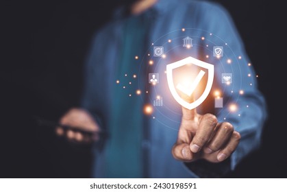Businessman insurance concept. Businessman with protective gesture and insurance icons