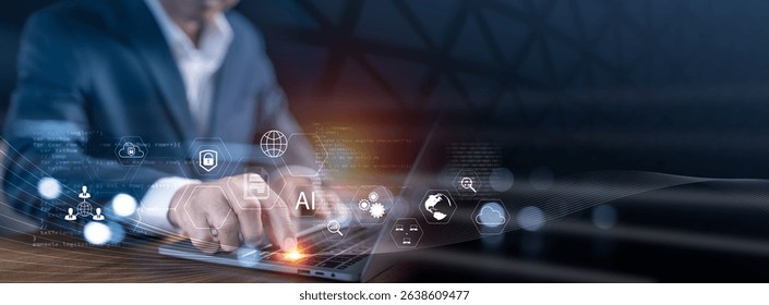 Businessman interacting with AI digital interface on laptop, futuristic icons and binary code background for technology and innovation concept.