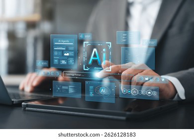 Businessman interacting with AI interface on tablet, symbolizing artificial intelligence technology, machine learning, digital transformation, coding, innovation, future business communication.