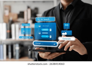 Businessman interacting with AI search interface on tablet, featuring intelligent chatbot, prompt input, and futuristic digital assistant for next-gen artificial intelligence technology.