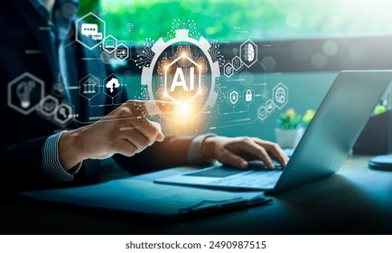 Businessman Interacting with AI Technology Interface on Laptop, Illustrating Artificial Intelligence Integration in Modern Business Operations, Digital Innovation, and Advanced Computational Systems