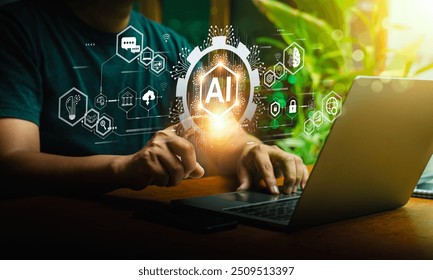 Businessman Interacting with AI Technology Interface on Laptop, Illustrating Artificial Intelligence Integration in Modern Business Operations, Digital Innovation, and Advanced Computational Systems
