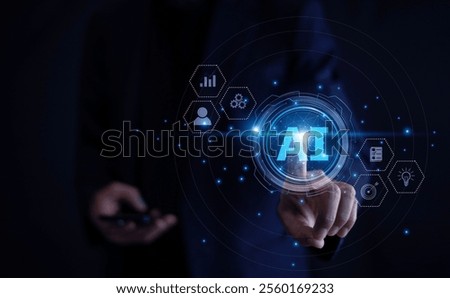 businessman interacting with an AI-powered interface, symbolizing the use of artificial intelligence for data-driven decision-making, advanced analytics, and technological innovation modern business.