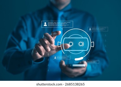 Businessman interacting with a chatbot interface represented by a robot icon and message bubbles for AI-driven customer support and automation