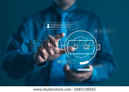 Businessman interacting with a chatbot interface represented by a robot icon and message bubbles for AI-driven customer support and automation