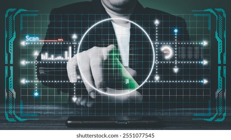 Businessman interacting with cutting-edge digital interface with radar scanning display, transparent holographic elements, data grid and scanning progress, demonstrating high-tech system analysis.
