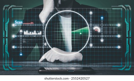 Businessman interacting with cutting-edge digital interface with radar scanning display, transparent holographic elements, data grid and scanning progress, demonstrating high-tech system analysis. - Powered by Shutterstock