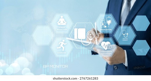 Businessman interacting with a digital interface displaying health icons for medication exercise and stress reduction emphasizing healthcare technology and wellness management