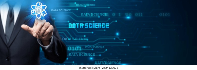 Businessman interacting with digital interface showing data science concept with abstract network and binary code. Ideal for technology, AI, and business themes.