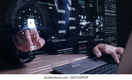 Businessman interacting with futuristic AI interface on laptop, visualizing data mining, machine learning, and digital analytics in a high-tech environment, 3d Rendering