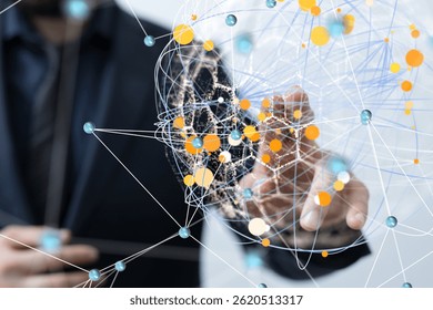 Businessman Interacting with Global Network Data Visualization