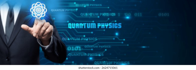 Businessman interacting with a glowing atom icon, representing Quantum Physics. Futuristic digital interface with binary code, symbolizing advanced science, research, and technological breakthroughs - Powered by Shutterstock - Get 15% off with code: PIKWIZARD15