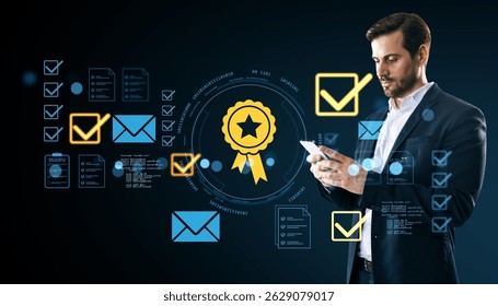 Businessman interacting with smartphone, surrounded by digital compliance symbols and certification icons, on dark abstract light background