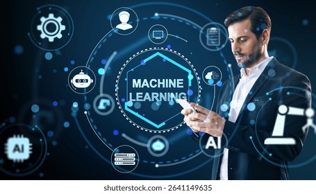 Businessman interacting with smartphone, surrounded by glowing machine learning icons, on dark digital background, concept of AI technology