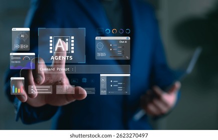 A businessman interacting with virtual AI agent interfaces, command prompt, and chatbot dashboards, representing artificial intelligence, prompt engineering, and smart automation systems. - Powered by Shutterstock - Get 15% off with code: PIKWIZARD15