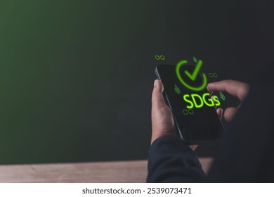 Businessman Interacting with Virtual Screen on Smartphone Displaying Sustainable Operations Planning, Efficient Resource Utilization, and Data Analysis to Optimize Environmental Outcomes - Powered by Shutterstock