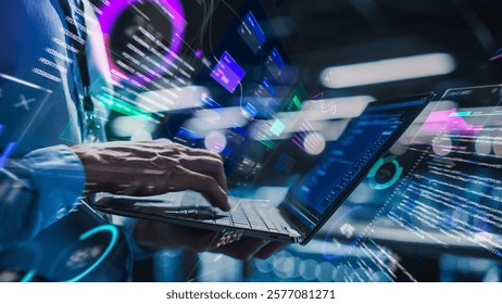 Businessman Interacts With Data Visualization on Laptop. Holographic Charts, Graphs, and Code Surround the Device, Advanced Technology and Data Analysis. Flow of Big Data, Growth and Productivity