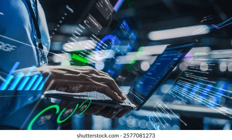 Businessman Interacts With Data Visualization on Laptop. Holographic Charts, Graphs, and Code Surround the Device, Advanced Technology and Data Analysis. Flow of Big Data, Growth and Productivity