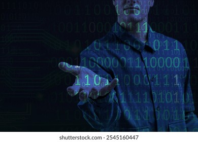 A businessman interacts with digital binary code of technology and data. Image of binary code, digital interaction, and technology on businessman. Professional businessman concept. - Powered by Shutterstock