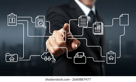 A businessman interacts with a digital data interface amidst an urban background, representing modern technology and communication in a corporate setting focused on efficiency.