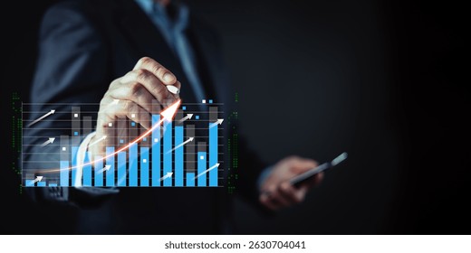 A businessman interacts with a digital graph showing rising bar charts and upward arrows, symbolizing financial growth, business success, data analysis, and increasing performance metrics.