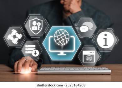A businessman interacts with a digital interface representing intranet concepts, including security, communication, and information sharing.