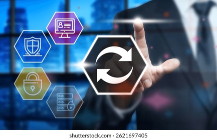 Businessman interacts with digital interface showing data, security, and sync icons, Data Management Technology Interface, Cybersecurity and Data Sync Concept - Powered by Shutterstock - Get 15% off with code: PIKWIZARD15