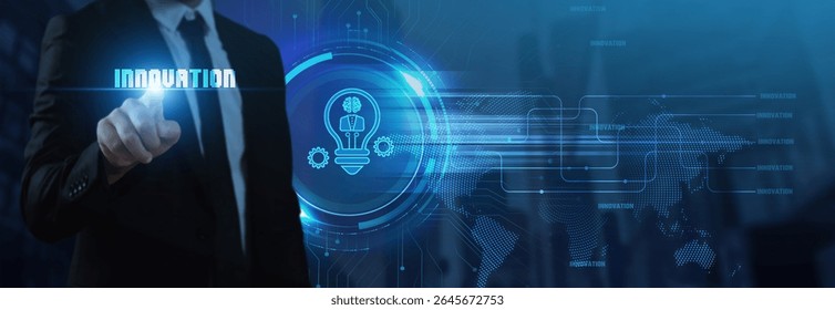 
Businessman interacts with a futuristic "INNOVATION" interface featuring a lightbulb with a brain and gears, symbolizing creative ideas, artificial intelligence, and the future of technological.