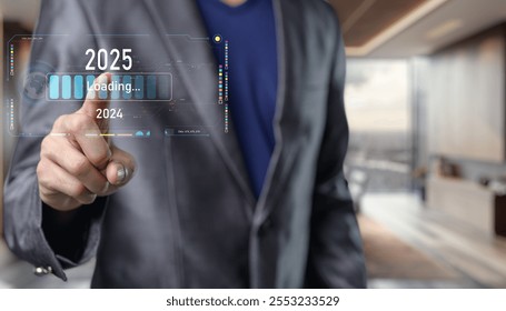 businessman interacts with  futuristic loading interface symbolizing progress and digital transformation The blurred office background enhances the concept of modern technology integration in business - Powered by Shutterstock