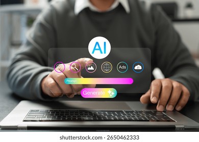 Businessman interacts with generative AI interface using prompt input to create content,Visuals, innovative ideas. Advanced technology, artificial intelligence,Creativity tools in digital work.