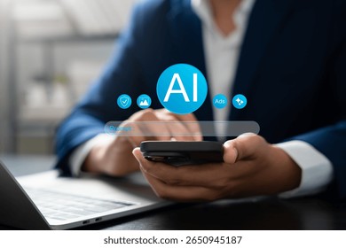 Businessman interacts with generative AI interface using prompt input to create content,Visuals, innovative ideas. Advanced technology, artificial intelligence,Creativity tools in digital work.