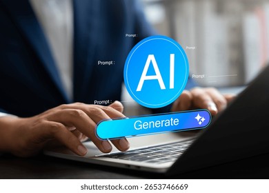 Businessman interacts with generative AI interface using prompt input to create content,Visuals, innovative ideas. Advanced technology, artificial intelligence,Creativity tools in digital work.