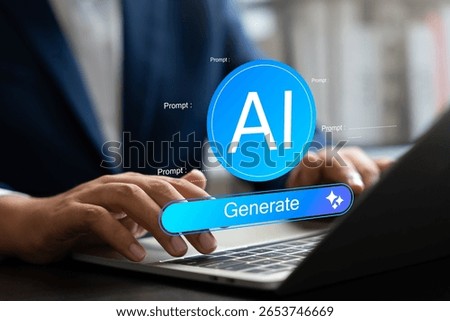 Businessman interacts with generative AI interface using prompt input to create content,Visuals, innovative ideas. Advanced technology, artificial intelligence,Creativity tools in digital work.