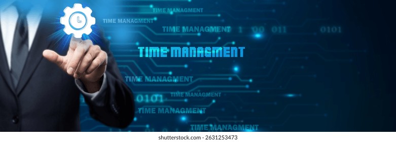 Businessman interacts with a glowing time management icon in a digital, futuristic environment, symbolizing efficient time utilization, organization, productivity, and optimizing work processes

