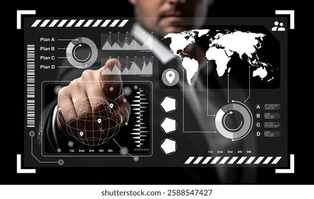 A businessman interacts with a high-tech digital interface showcasing a world map and various data visualizations, symbolizing modern technology in investment analysis.