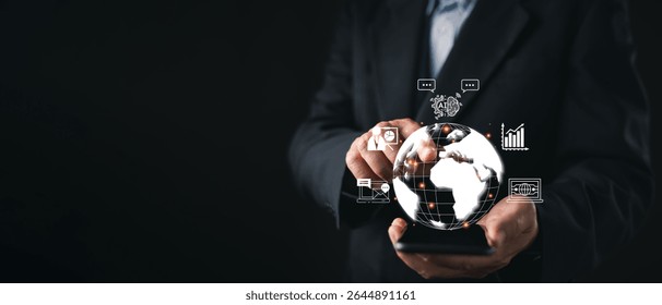 businessman interacts with a smartphone projecting a digital globe surrounded by AI, analytics, and communication icons, symbol global connectivity, data insights, and smart technology integration.