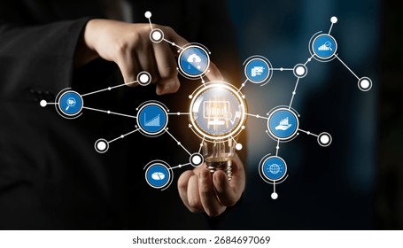 A businessman interacts with a touchscreen interface to access vital financial data and analytics, symbolizing innovation and connectivity in a modern workspace. Crux