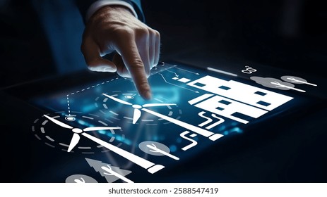 A businessman interacts with a touchscreen interface displaying renewable energy elements like wind turbines and a factory, emphasizing the importance of sustainable development. - Powered by Shutterstock - Get 15% off with code: PIKWIZARD15