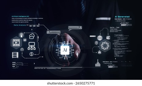 Businessman interacts with virtual AI interface, futuristic HUD with data, analytics, and machine learning icons in dark tech environment, 3d Rendering