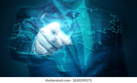Businessman interacts with virtual global map in futuristic digital interface
